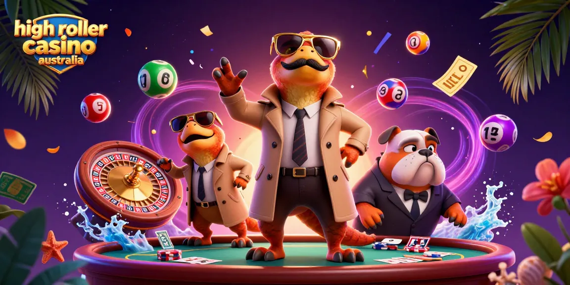 High Roller Casino Australia illustration with raptors entering VIP lounge amid casino games and vibrant elements.