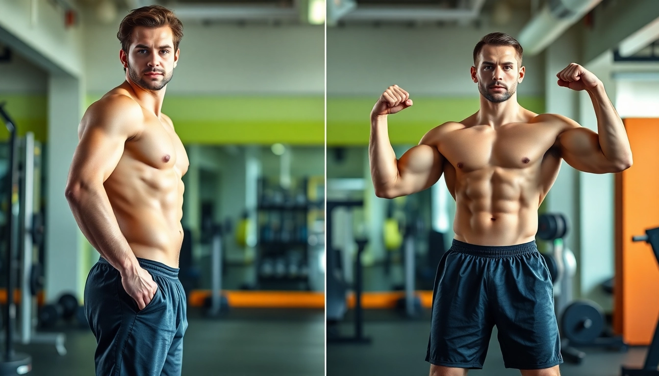 Testo vorher nachher zeigt Fitness-Veränderung mit beeindruckendem Muskelaufbau nach Trainingsprogramm.