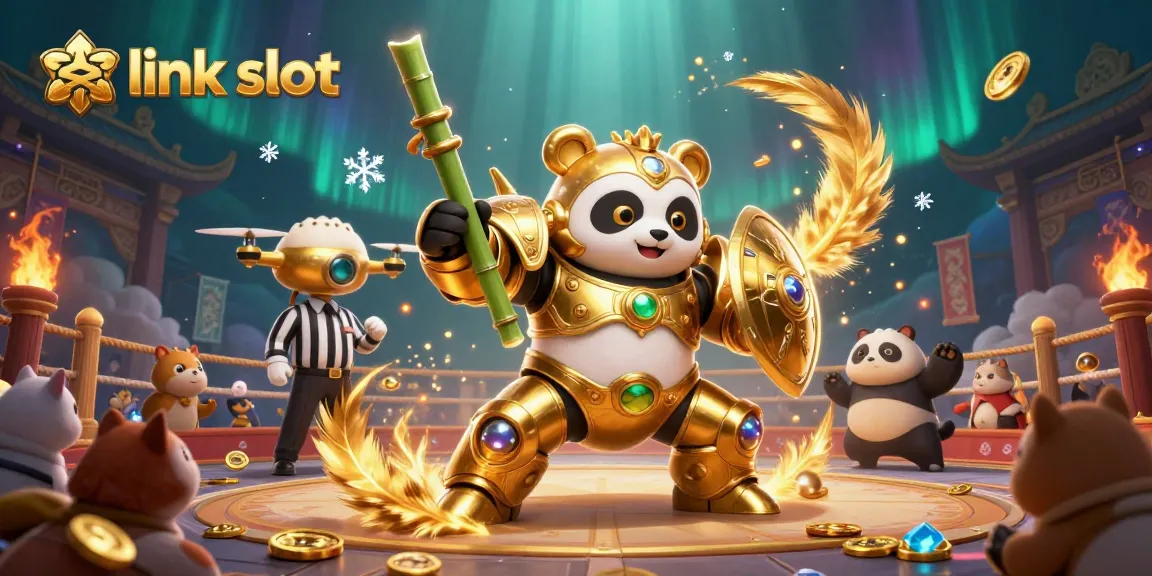 Experience the thrill of winning in link slot games with a vibrant 3D illustration of a mech-suit panda in action.