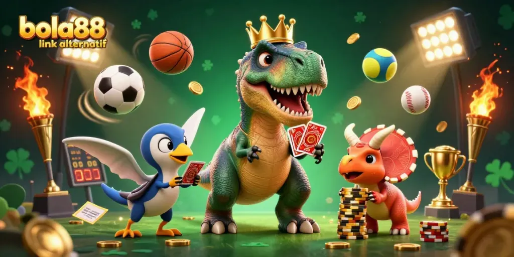 Bets come to life with bola88 link alternatif featuring a playful T-Rex, a pterodactyl, and a baby triceratops in an exciting gambling scene.