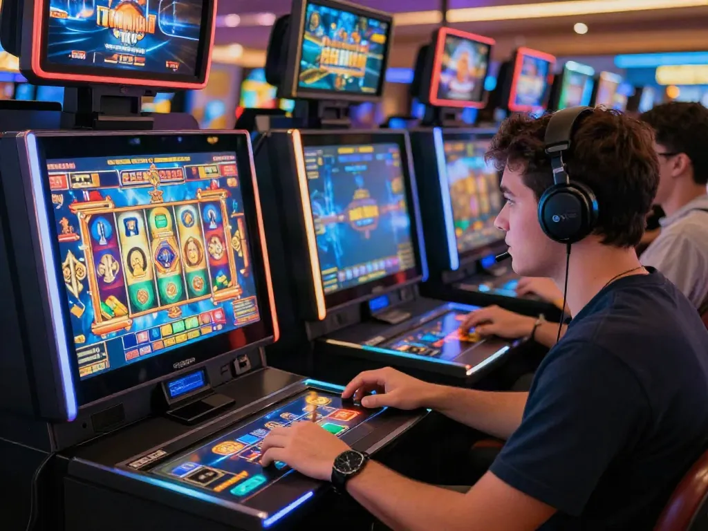 Immersive online gaming at TA88 with vibrant slot machines and focused players.