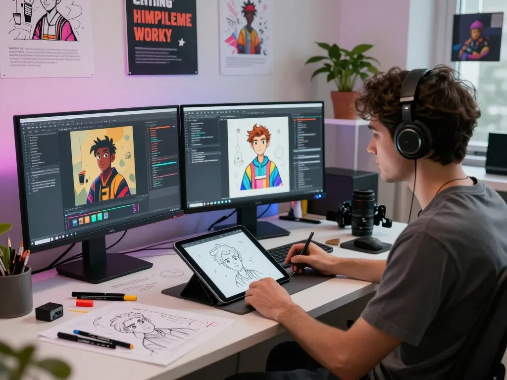 Dynamic character AI NSFW development scene with vibrant tools and creative workspace.