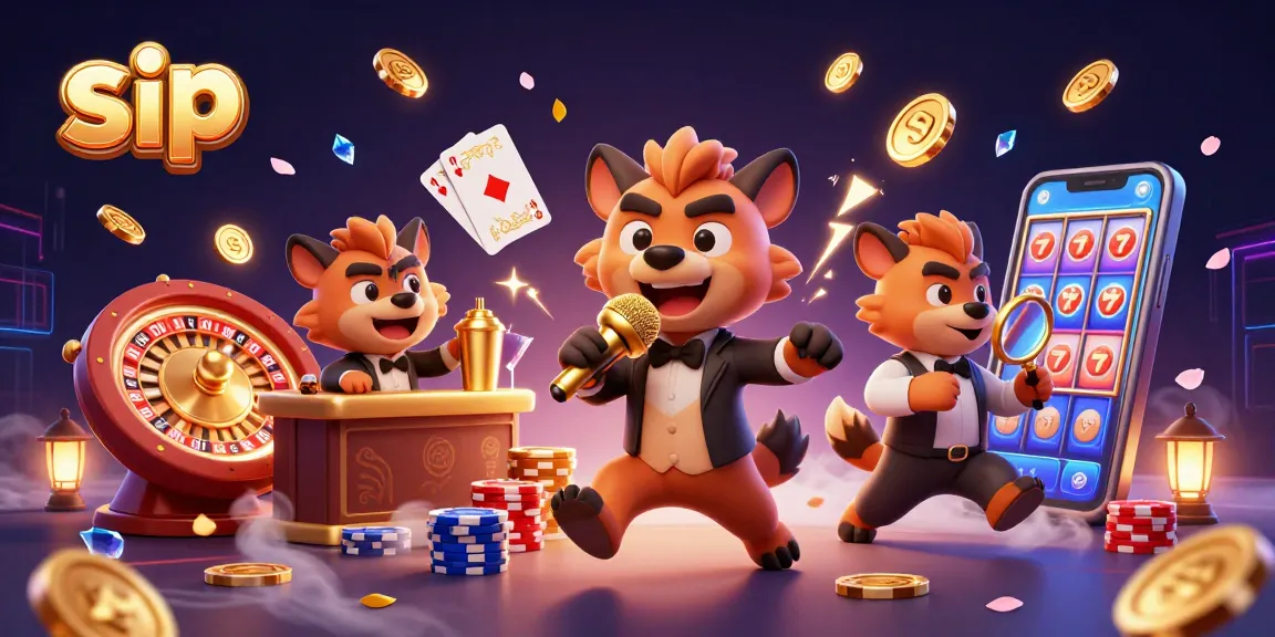 SIP and the lively comedy casino scene with hyenas engaging gamblers with humor and drinks.