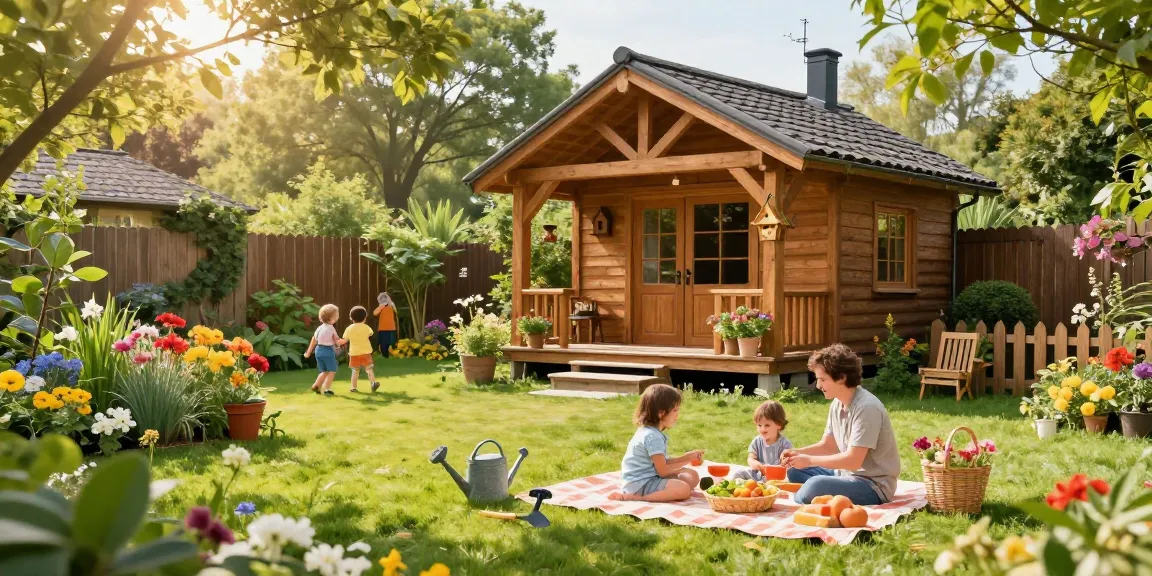 Wunderschönes Garten Haus in einer einladenden Gartenlandschaft mit Blumen und einer Familie bei einem Picknick.