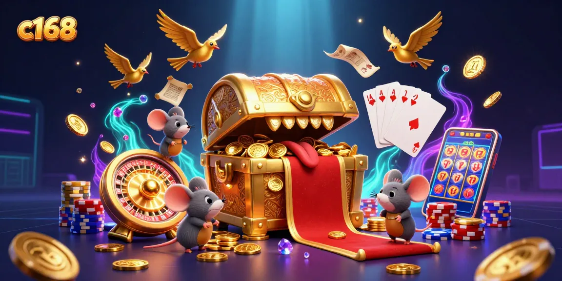 C168 casino illustration showcasing a treasure chest and mice surrounded by sparkling coins and gaming elements.