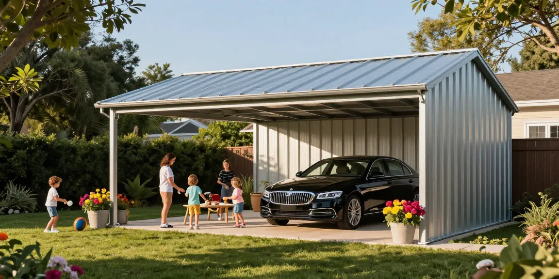 Moderner Carport in einem einladenden Garten mit einer Familie, die ein Picknick genießt.
