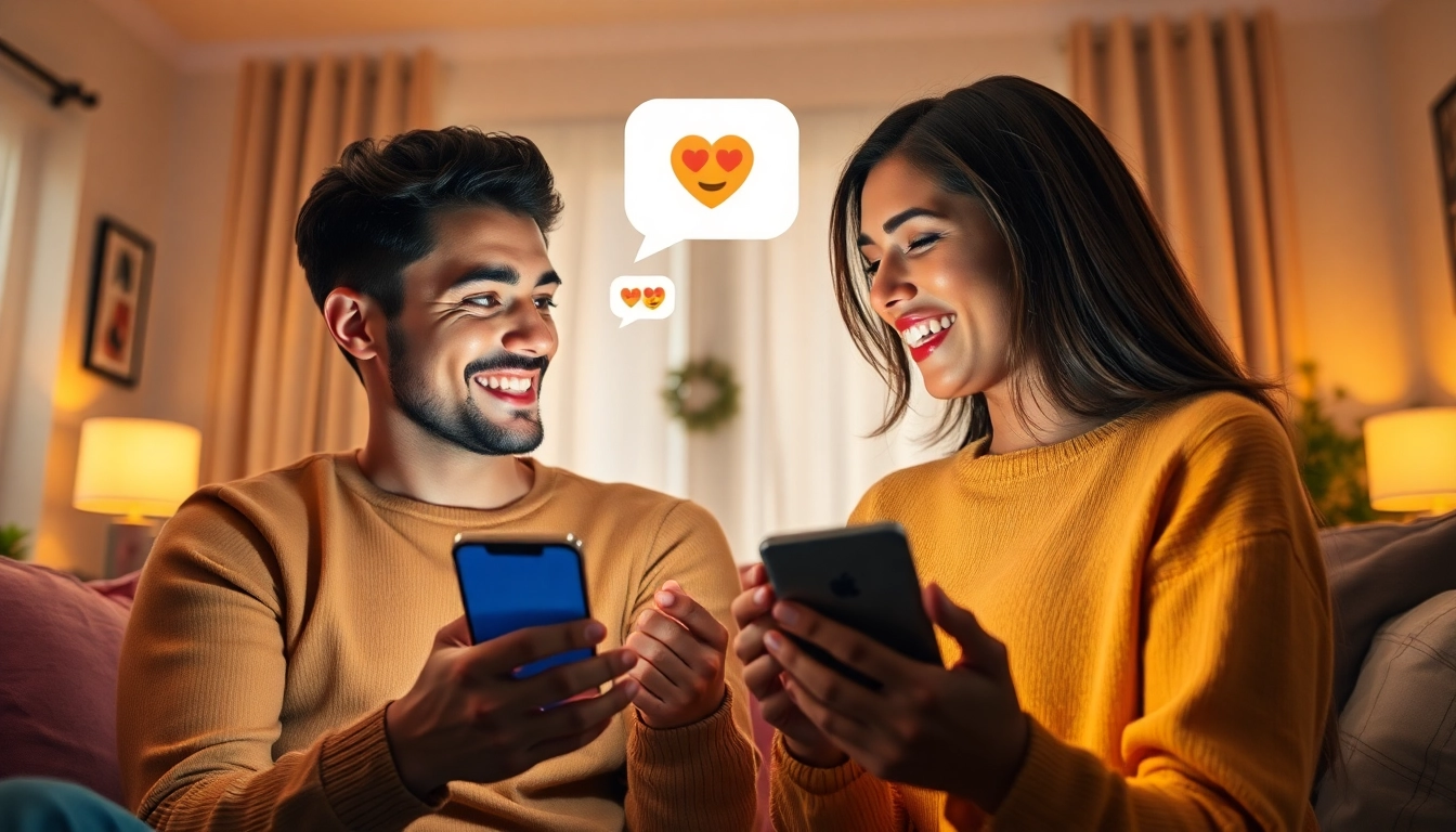 Couple engaging in playful AI sexting with smartphones in a cozy setting.