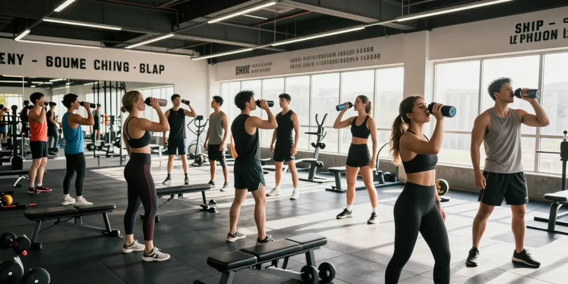 Bewegte Szene im Selliza Shop Fitnessstudio mit Trainierenden, die Gewichte heben.