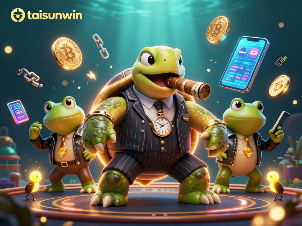 Taisunwin showcases a massive turtle mobster with crypto game elements in a vibrant casino scene.