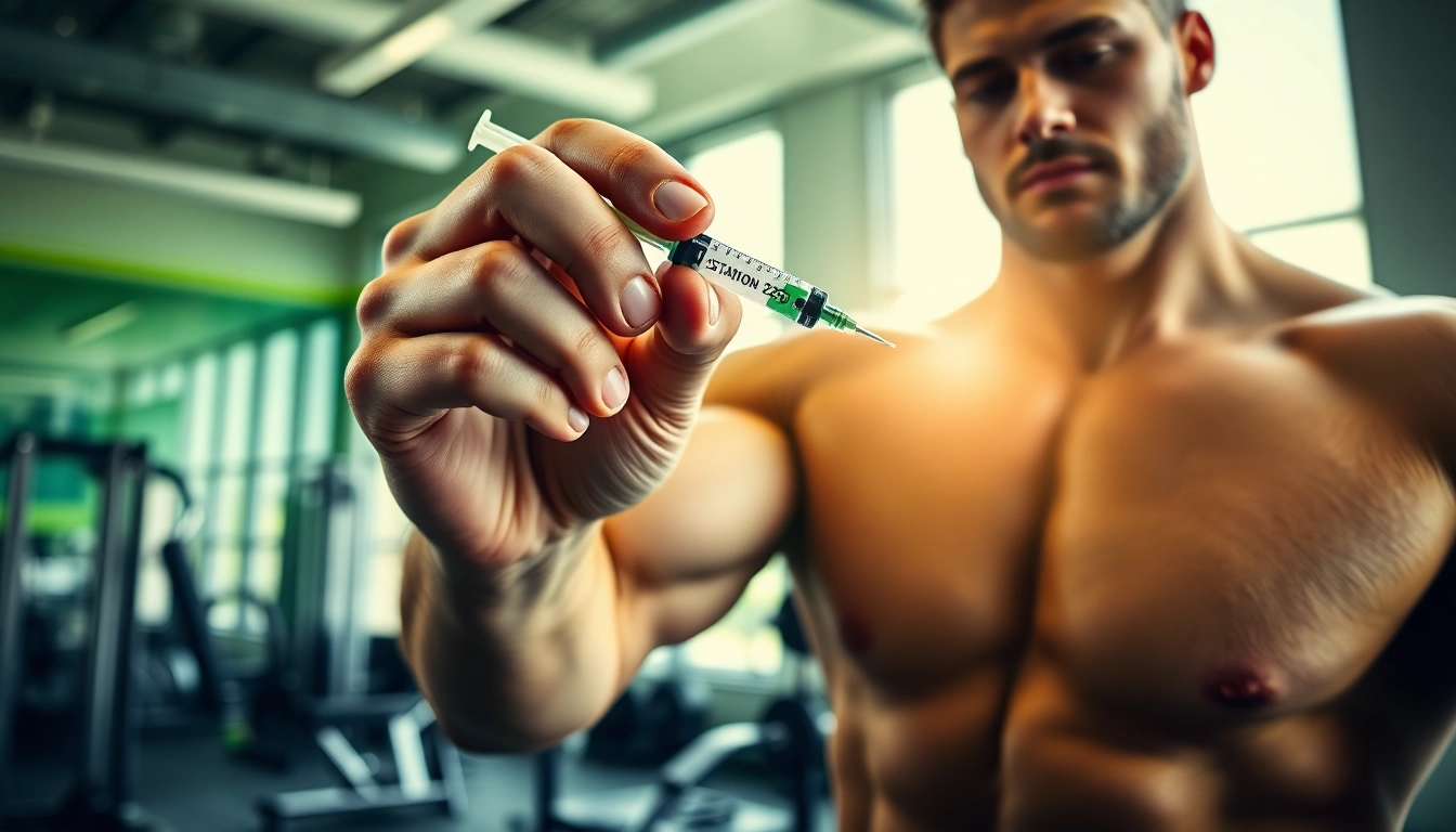 Sustanon 250 kaufen - Bodybuilder spritzt in modernem Fitnessstudio.