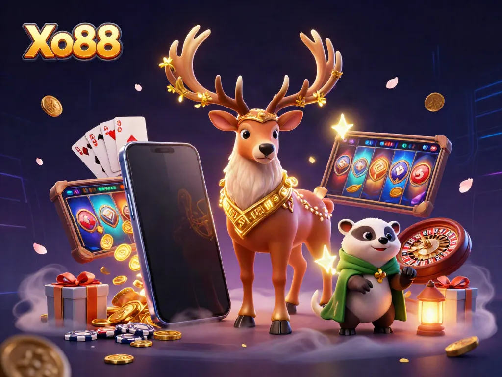 Experience thrilling gaming action with Xo88's dynamic cartoon illustration featuring magical elements.