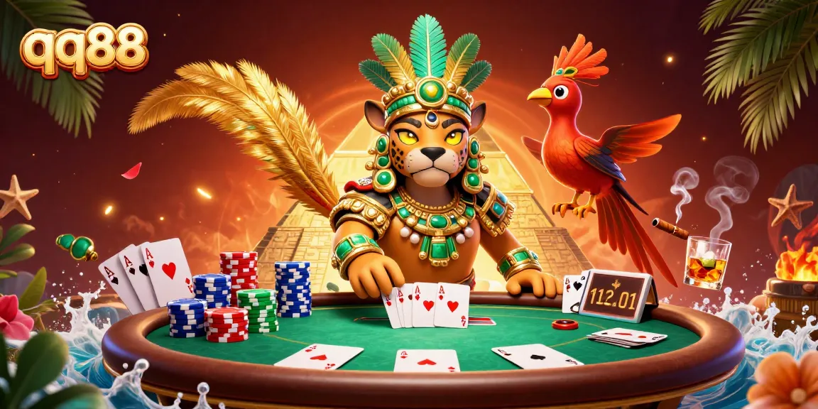Immerse in qq88 casino action with vibrant Mayan character and dynamic poker scene featuring winning hands.