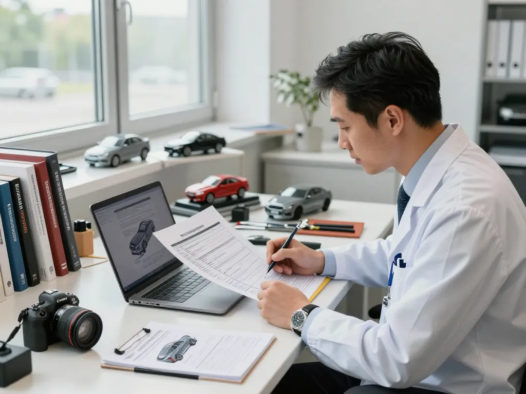 Kfz Sachverständiger Bonn analysiert den Fahrzeugschadenbericht in einem professionellen Bürosetting