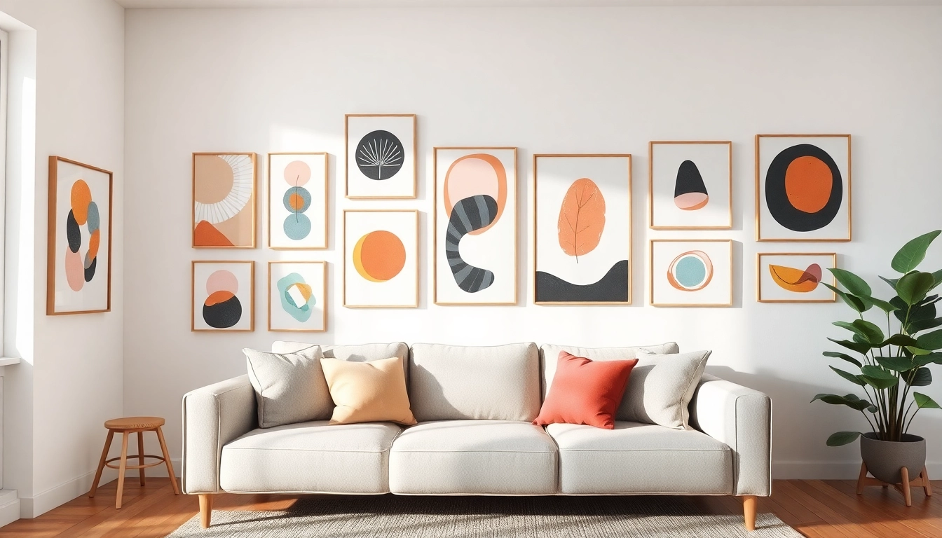 Wandbilder in einem stilvollen Wohnraum, die moderne Kunstwerke präsentieren.