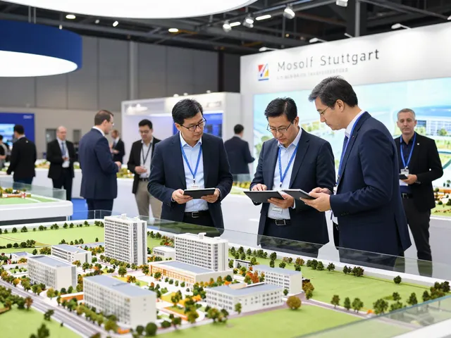 Messe- und Ausstellungsmodelle Mosolf Stuttgart im Detail an einem modernen Messestand, umgeben von Fachleuten.
