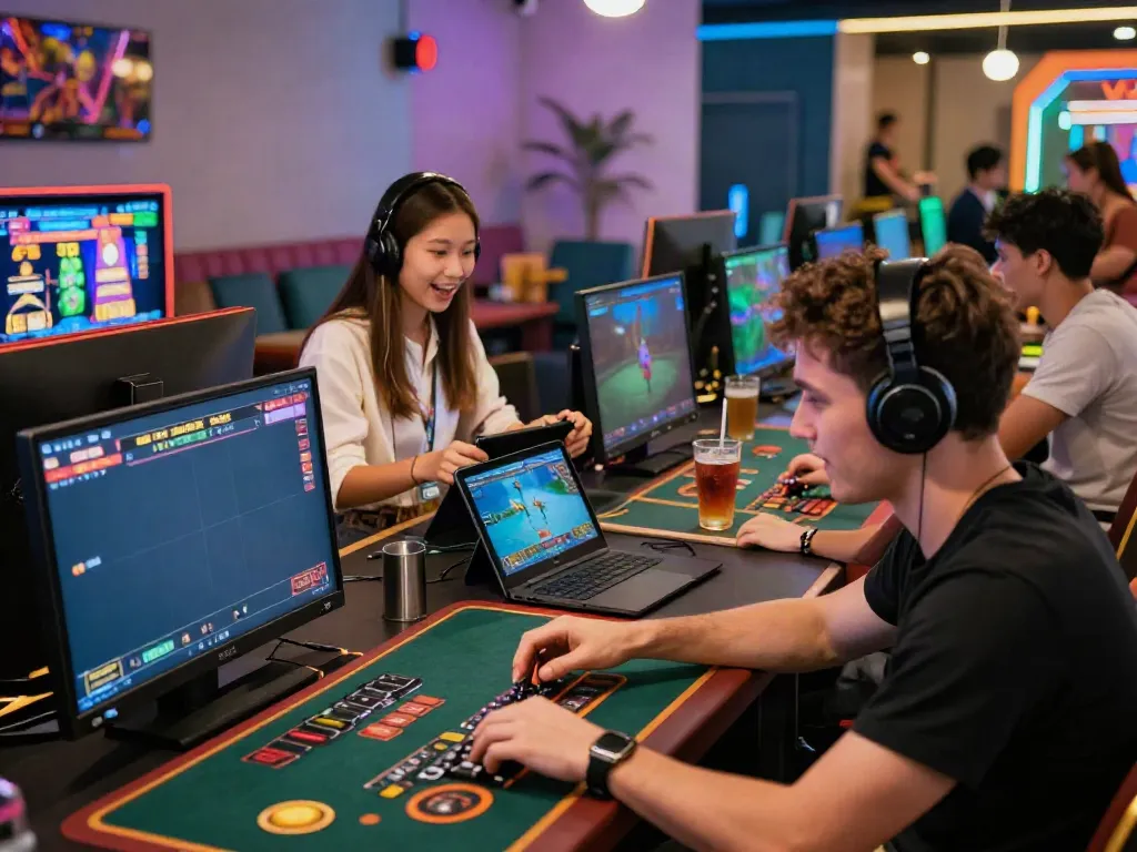 Engaged players at RIKVIP online gaming platform, enjoying a vibrant casino atmosphere.