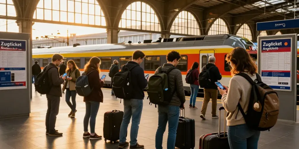 Begeisterte Reisende an einem Bahnhof, auf Zugticket Angebote aufmerksam machend.