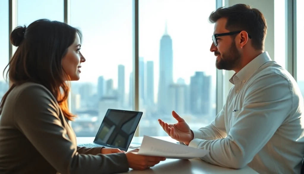 Erfahrene Headhunter Schweiz berät Klient in modernem Büro mit Skyline-Hintergrund.