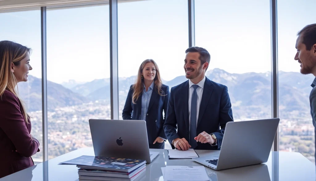 Headhunter Schweiz bei der Interaktion mit Kandidaten in einem modernen Büro mit Alpenblick.