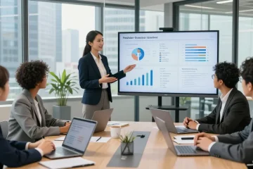 Stress mit Chef erkennen: Team diskutiert Führungskräftebewertungen in modernem Büro.